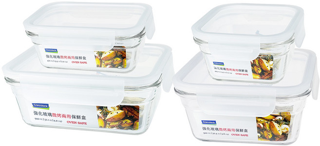 Glasslock 格拉氏洛克 強化玻璃大視窗保鮮盒組 微波/烤箱兩用, 1套, 保鮮盒 405ml + 470ml + 900ml + 960ml + 蓋子 4個