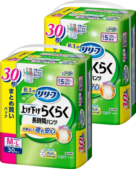 Kao 花王 日本原裝進口 Relief 輕鬆穿脫薄型成年人紙尿褲 5次吸收量 男女適用, M-L碼, 2個, 30片
