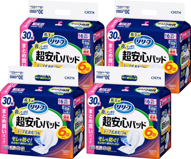 Kao 花王 日本原裝進口 Relief 紙尿褲專用尿布片 夜間安心型 6次吸收量, FREE(onesize), 4個, 30片