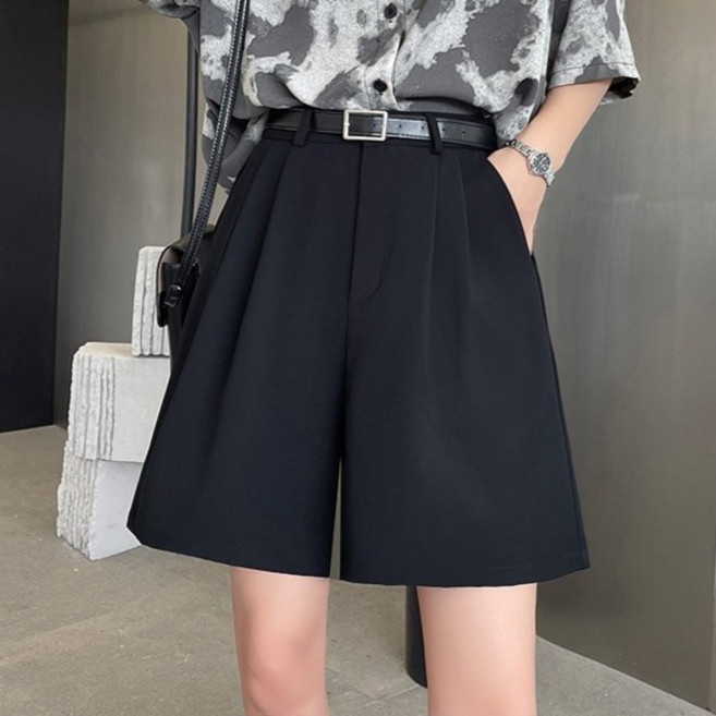 플로우폼 여성용 미니멀 데일리 핀턱 A라인 5부 슬랙스 반바지