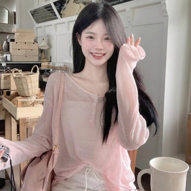 여성용 플로우폼 솜사탕 루즈핏 시스루 긴팔 티셔츠