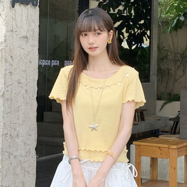 어썸풀 여성용 엘리노아 프릴 라운드 반팔 티 A26SMT030311