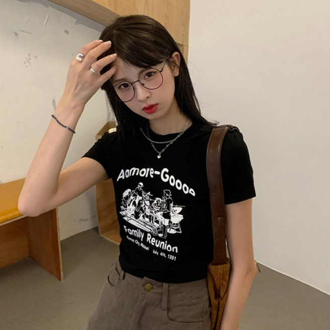 반야스토리 여성용 레트로 프린트 크롭 티셔츠 QQ93