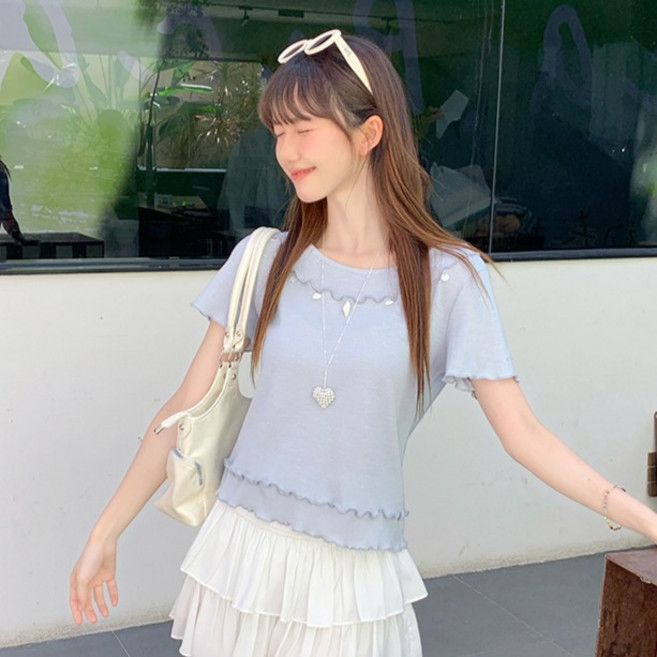 어썸풀 여성용 엘리노아 프릴 라운드 반팔 티 A26SMT030311