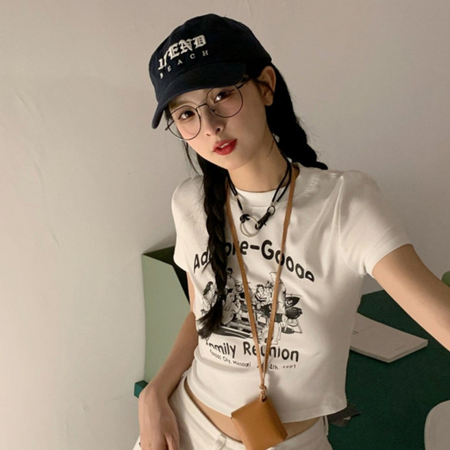 반야스토리 여성용 레트로 프린트 크롭 티셔츠 QQ93