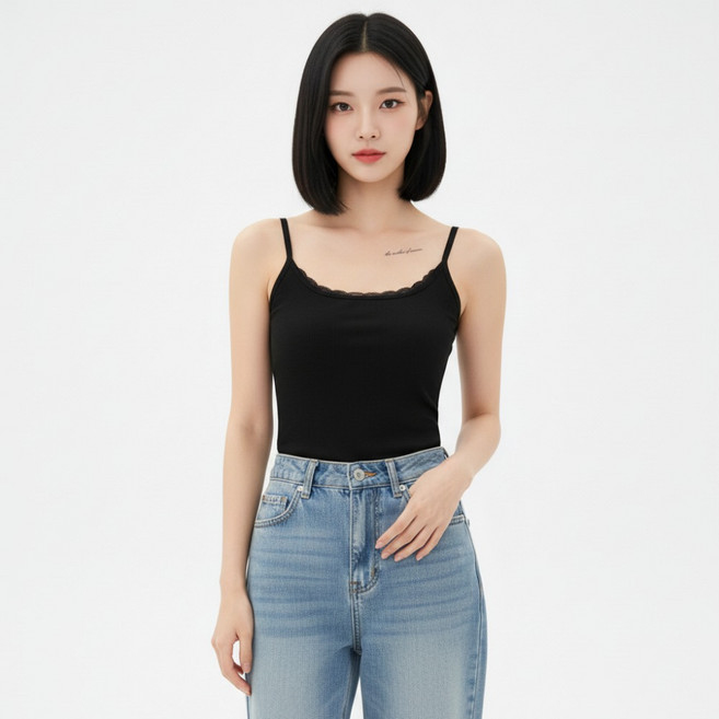 마켓피아 여성용 슬림핏 레이스넥 끈나시