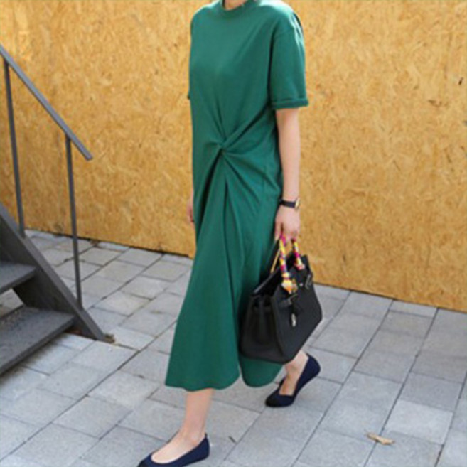 라라티나 여성용 모비르 허리 셔링 포인트 반팔 롱 원피스