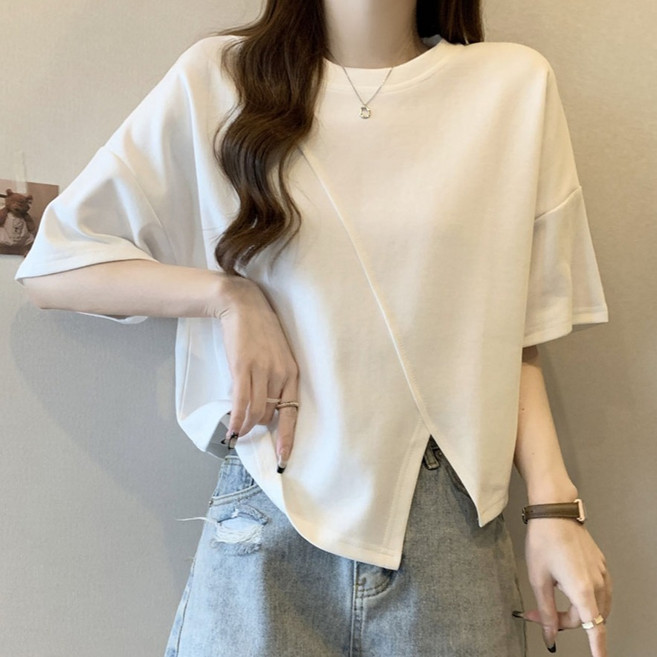 선빛 여성용 로디 슬릿 반팔 무지 트임 라운드 티셔츠
