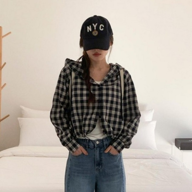 린다샵 여성용 디일르 루즈핏 체크 후드 셔츠 cpnb3341k61