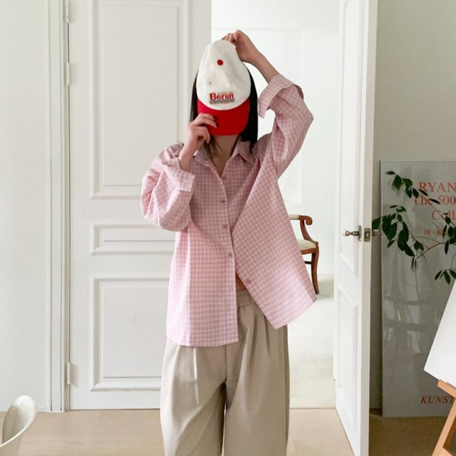 린다샵 여성용 디링그 오버핏 컬러 체크 카라 남방 cpnb3356k62