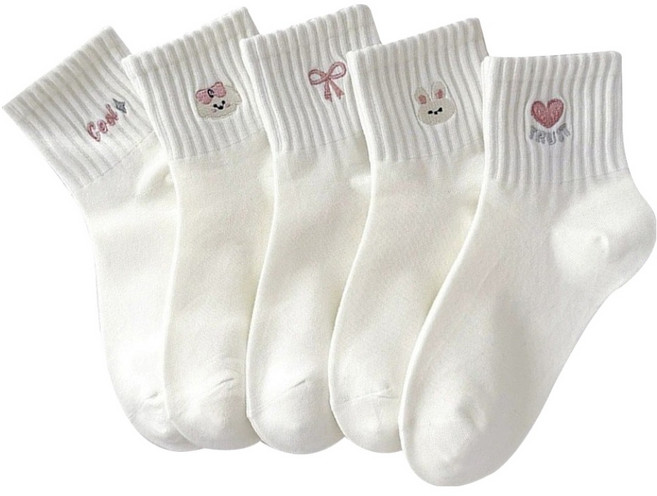 여성용 소프트 크림 자수 발목 양말 5족 세트 AW09