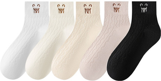 여성용 소프트 데일리 곰돌이 자수 양말 5켤레 세트 AW01