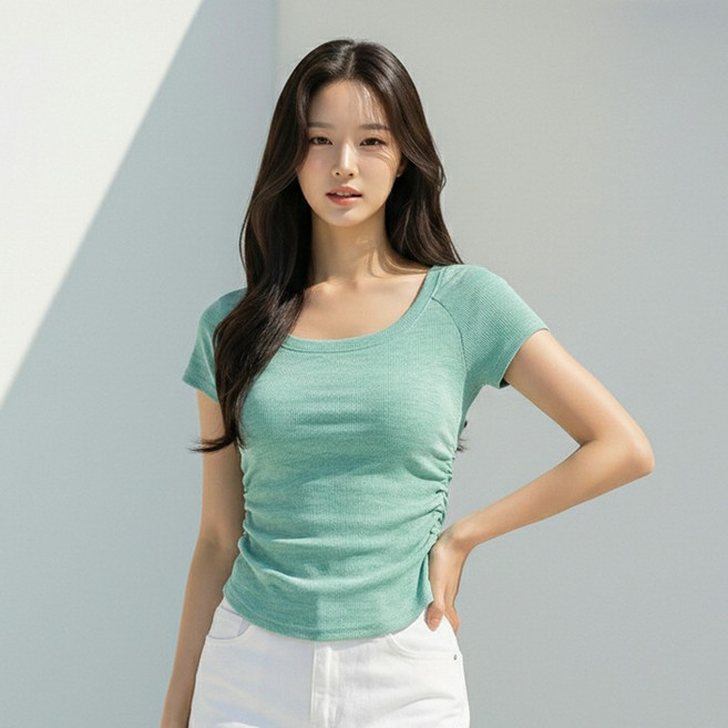 메이첼 여성용 르셀스 레글런 셔링 슬림핏 반팔 티셔츠 12638