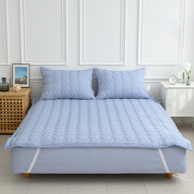 아이닉스 항균 탈취 시어서커 써니 냉감 붙지않는 누빔 침대패드, 블루그레이