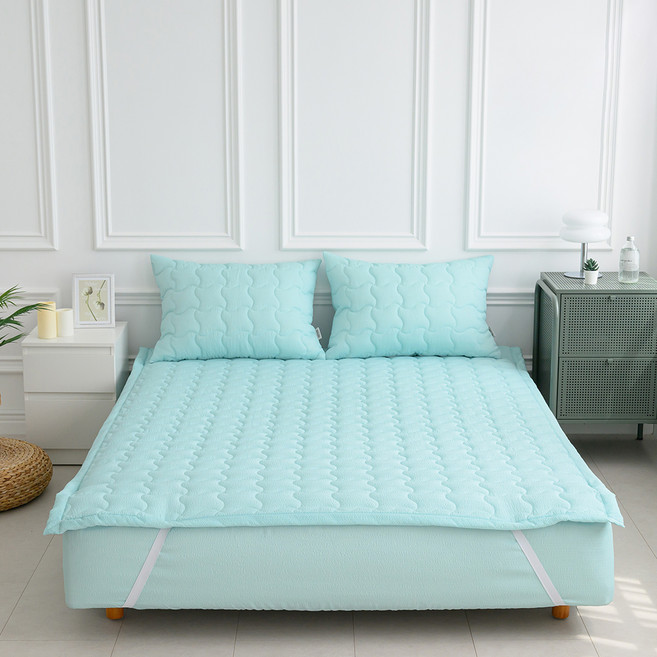 아이닉스 항균 탈취 시어서커 써니 냉감 붙지않는 누빔 침대패드, 스카이민트