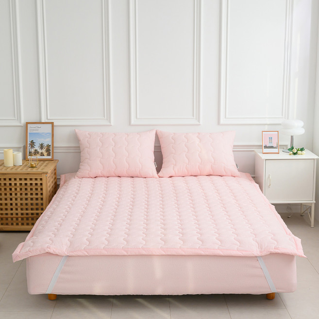 아이닉스 항균 탈취 시어서커 써니 냉감 붙지않는 누빔 침대패드, 피치핑크