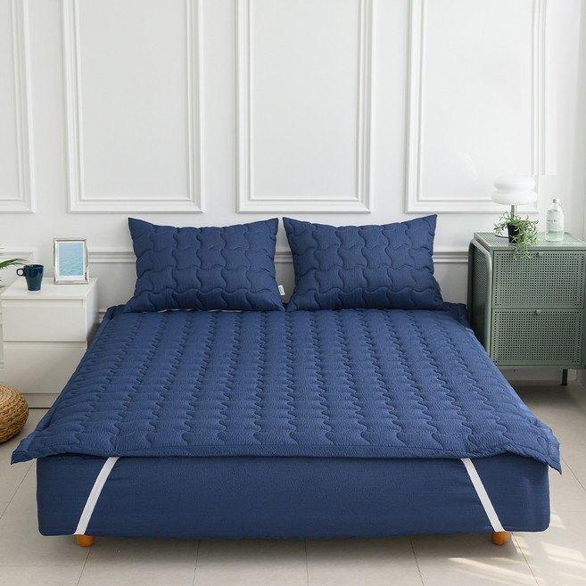 아이닉스 항균 탈취 시어서커 써니 냉감 붙지않는 누빔 침대패드, 딥네이비