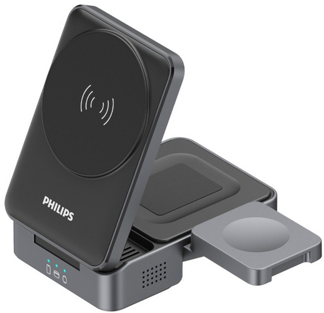 PHILIPS 飛利浦 Qi2 黑金剛磁吸三合一磁吸充電座 22.5W, 黑色, 1個