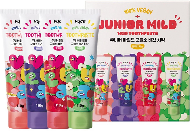 뷰카 주니어 마일드 고불소 비건치약 110g x 4종 세트 프루티 믹스, 1세트