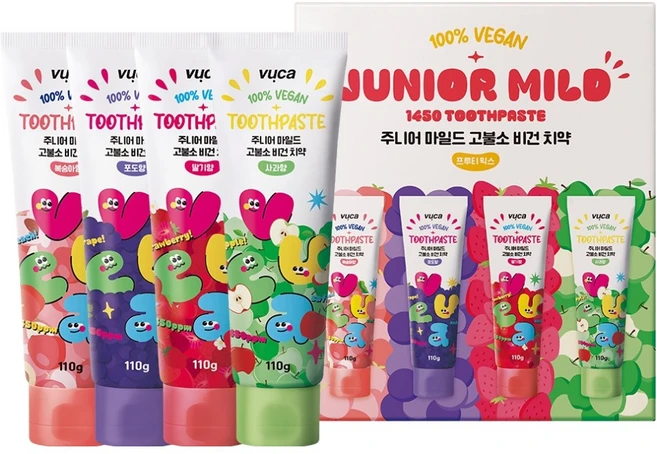 뷰카 주니어 마일드 고불소 비건치약 110g x 4종 세트 프루티 믹스, 1세트 - 쿠팡