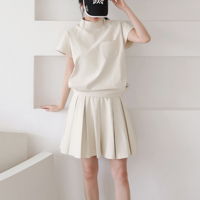 럭스골프 여성용 가오리핏 캡소매 티셔츠 + 주름 큐롯 스판 스커트 세트 MDG25M902W