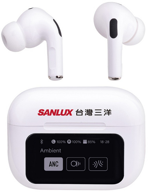 SANLUX 台灣三洋 Bluetooth 主動降噪 入耳式 無線耳機 觸控螢幕 Type-C 3.5H Playtime 白色 AT-9TX