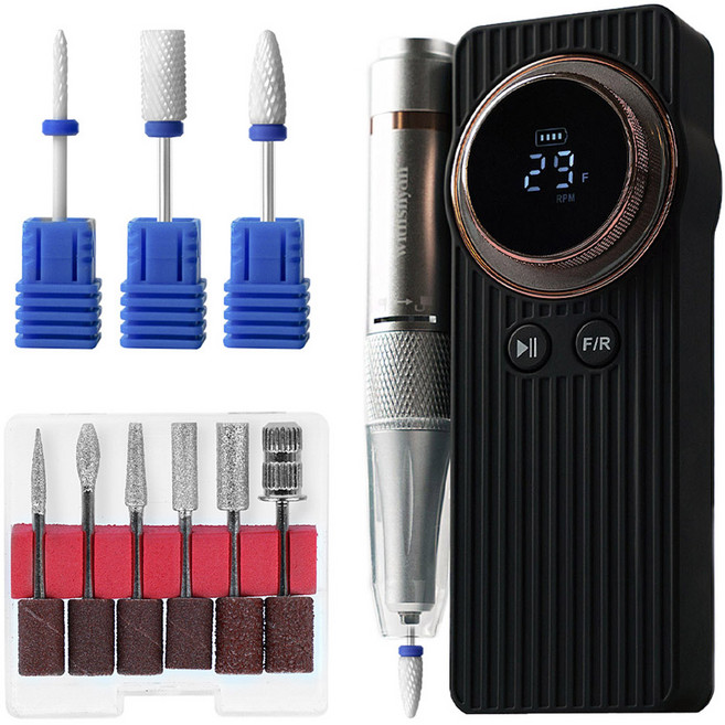 위드샨 프로 맥스 전문가용 무선 젤네일 쏙오프 드릴 + 비트 6종 + 세라믹 비트 3종 세트, 1세트, 블랙 + 로즈골드(드릴)