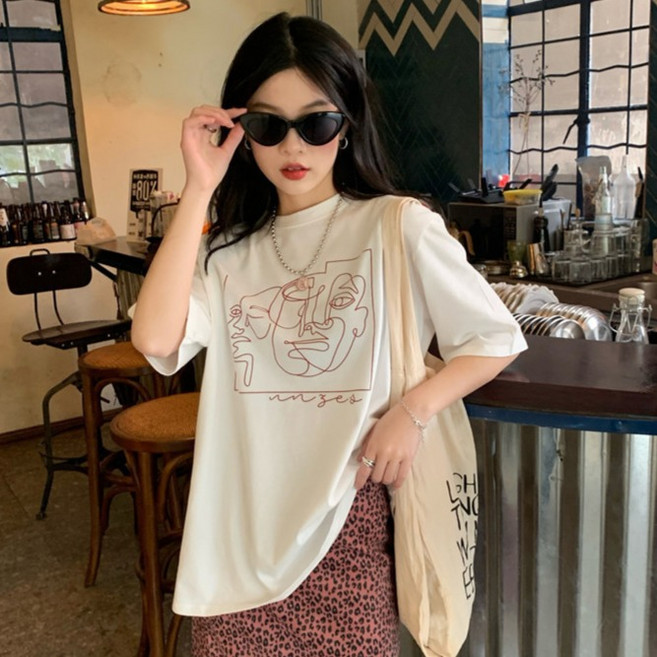 여성용 아이캔심플 미니멀 라인아트 프린트 루즈핏 반팔 티셔츠
