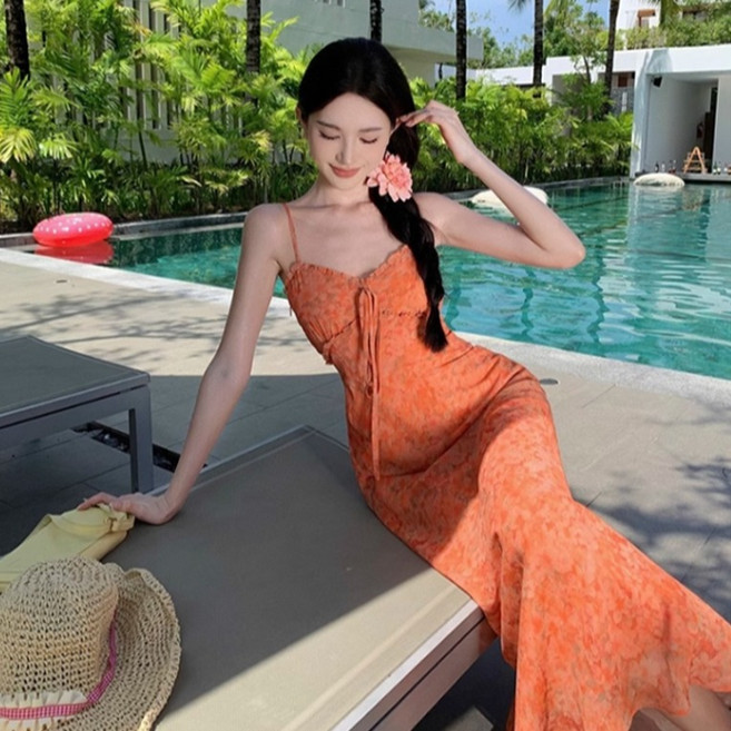 피어니스트 슬림 셔링 비치 롱 끈나시 리본 원피스