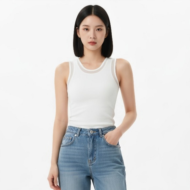 마켓피아 여성용 골지 슬림핏 시스루넥 민소매