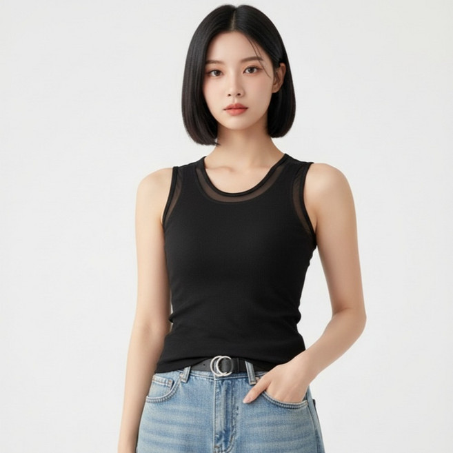 마켓피아 여성용 골지 슬림핏 시스루넥 민소매