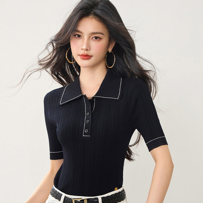 루나걸 여성용 미피리이 배색 카라 골지 반팔 니트 L26SMKN030637