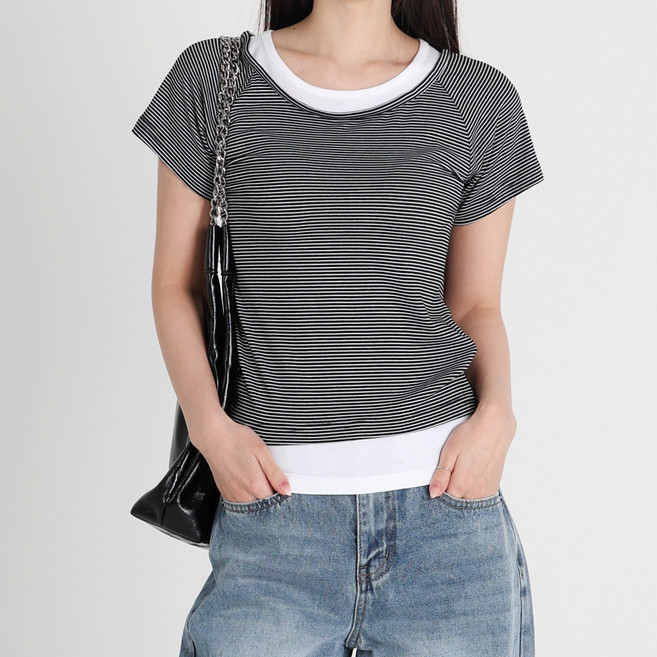 닷이프 여성용 단가라 레이어드 슬림 반팔 티셔츠 D263-0313