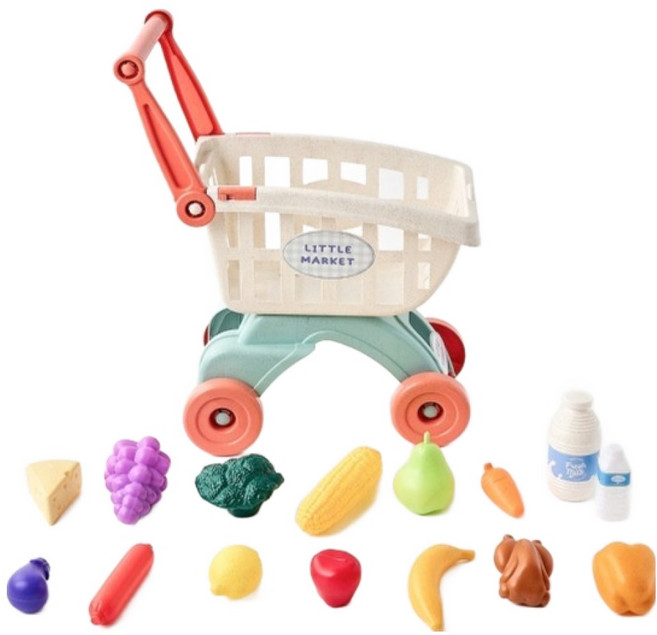 모던하우스 리틀키친 카트놀이 카트 35 x 25 x 50 cm + 식료품 16종 세트, 멀티, 1세트