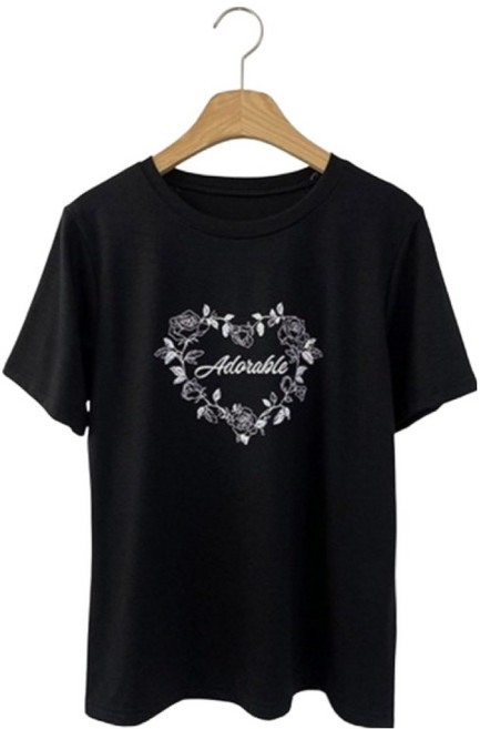 시크블랙 여성용 이선마 하트 플라워 프린팅 베이직 반팔 티셔츠 cpt17581k62