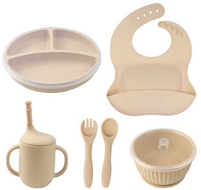 Couselect 矽膠兒童餐具6件組 食品級安全材質 輔食防摔, 奶黃色, 1套, 餐盤 + 飯碗 + 圍兜 + 吸管杯 + 湯匙 + 叉子