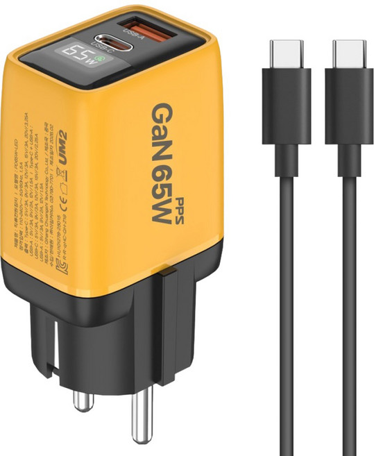 유엠투 2포트 PPS PD 3.0 접지 고속 멀티 충전기 65W + 케이블 세트, 1세트, 옐로우(충전기)