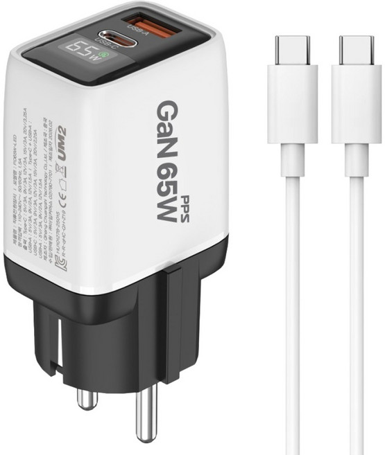 유엠투 2포트 PPS PD 3.0 접지 고속 멀티 충전기 65W + 케이블 세트, 1세트, 화이트(충전기)