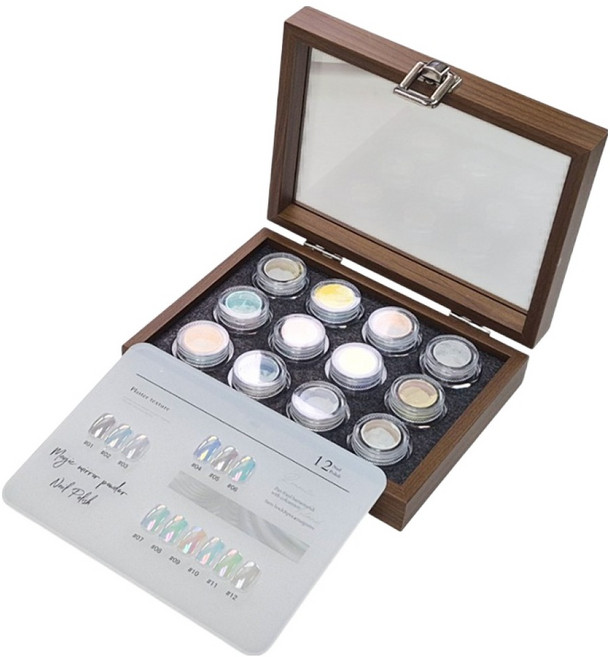 퍼니네일 머메이드 미러파우더 12종 + 우드 케이스 세트 KN-A4213, 1세트, 혼합색상