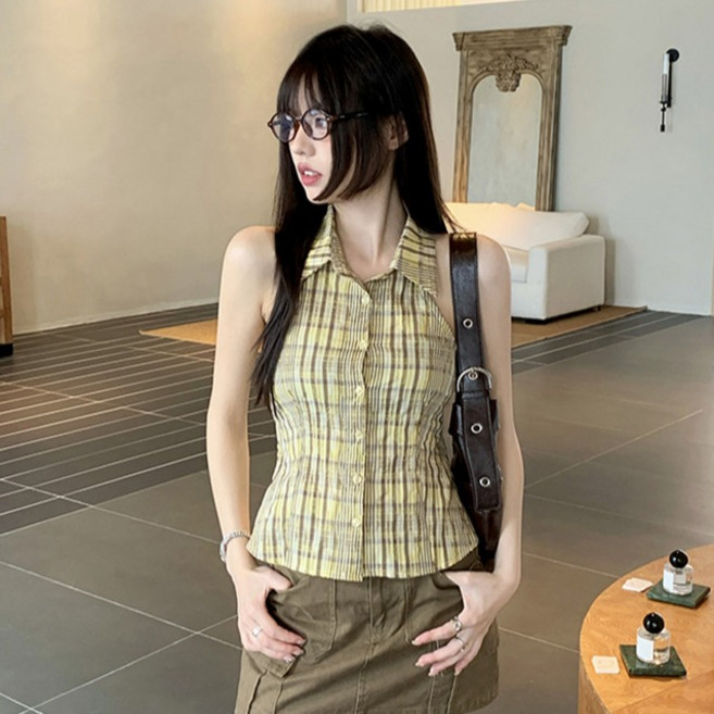 루나걸 여성용 벨리시아 체크 카라 슬리브리스 셔츠 L26SMST030515