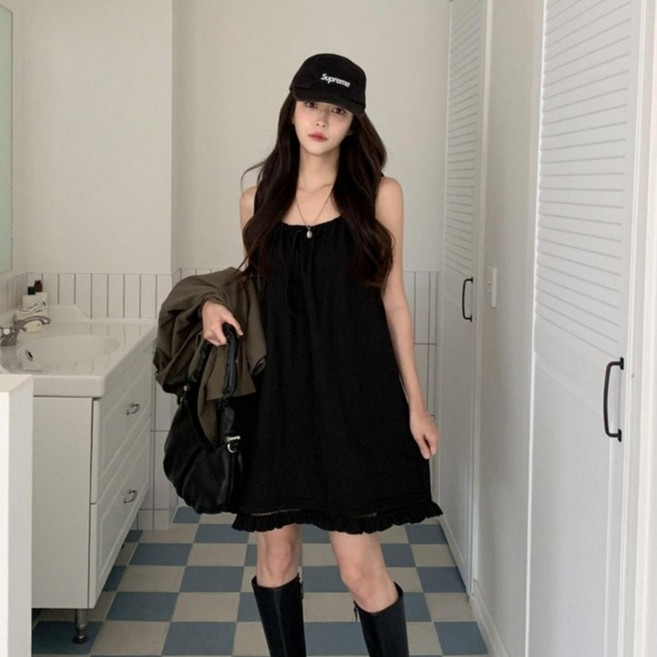 시크블랙 디담사 스트링 프릴 레이어드 민소매 미니원피스 cpops10449k62