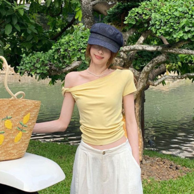 선빛 여성용 무지 어깨 셔링 로에나 오프숄더 티셔츠