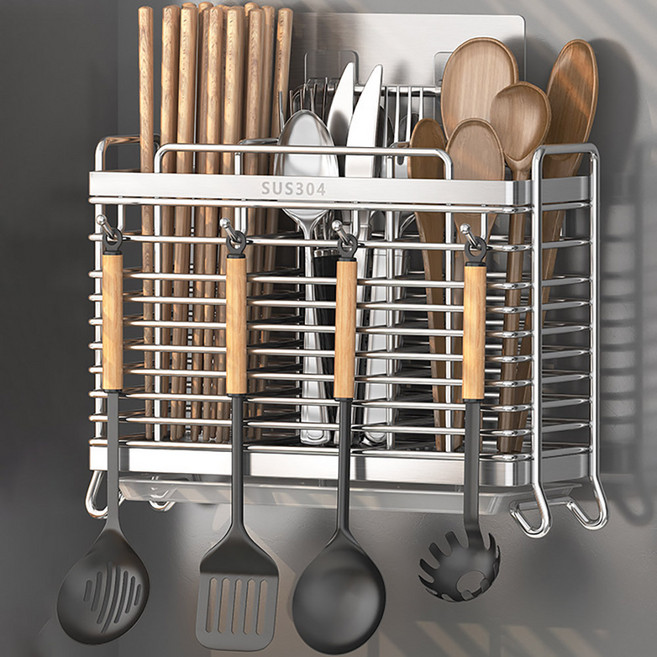 휴젠 주방 304 스텐 자동 물빠짐 걸이형 스탠드형 겸용 수저통 3구, 1개