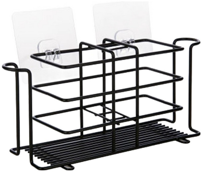 세븐와이즈 벽걸이형 칫솔 치약 가글컵 보관 랙 + 고리 세트, 블랙, 1세트