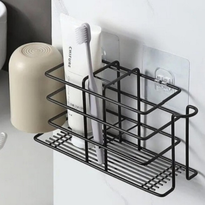 세븐와이즈 벽걸이형 칫솔 치약 가글컵 보관 랙, 블랙, 1개