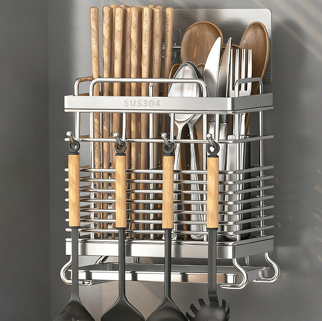 휴젠 주방 304 스텐 자동 물빠짐 걸이형 스탠드형 겸용 수저통 2구, 1개