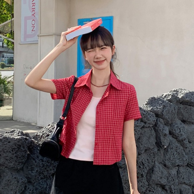 루나걸 여성용 라비에라 체크 크롭 카라 반팔 셔츠 L26SMST030509