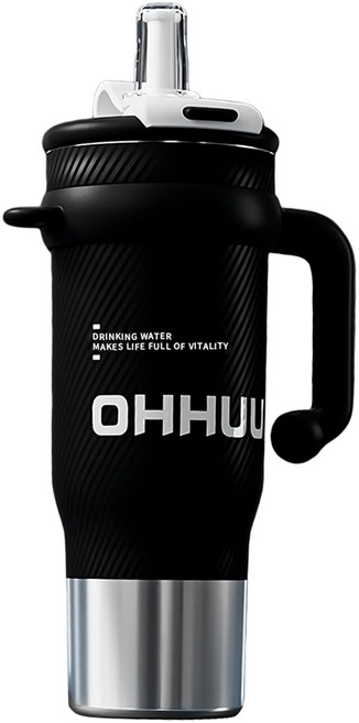 OHHUU 大容量陶瓷雙飲手柄杯 冷熱兩用 手提咖啡杯/冰霸杯/保溫/保冷/保冰杯/環保隨行杯, 1個, 黑色