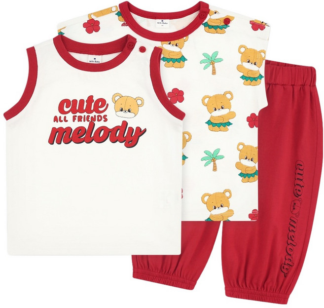 MilkBaby 훌라훌라 베어 민소매 티셔츠 + 반팔 티셔츠 + 조거 팬츠 세트