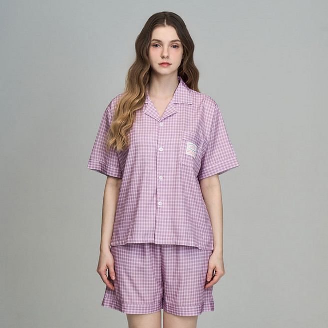 HUWA 남녀공용 데이체크 반팔 잠옷 상하복 세트